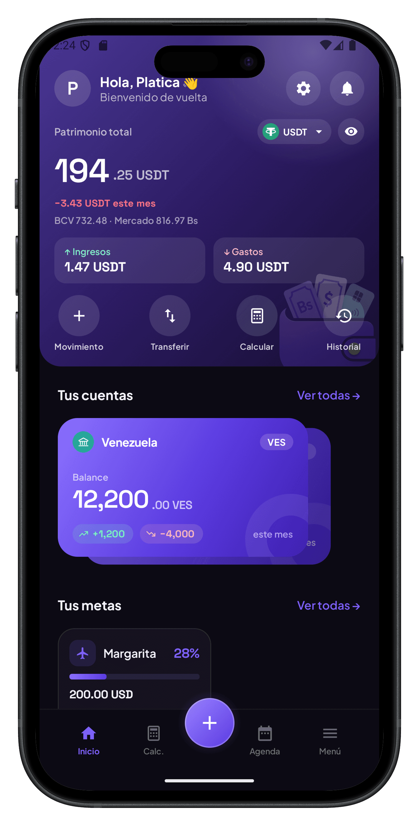 Pantalla de inicio de Platica mostrando el patrimonio total en USDT y las cuentas